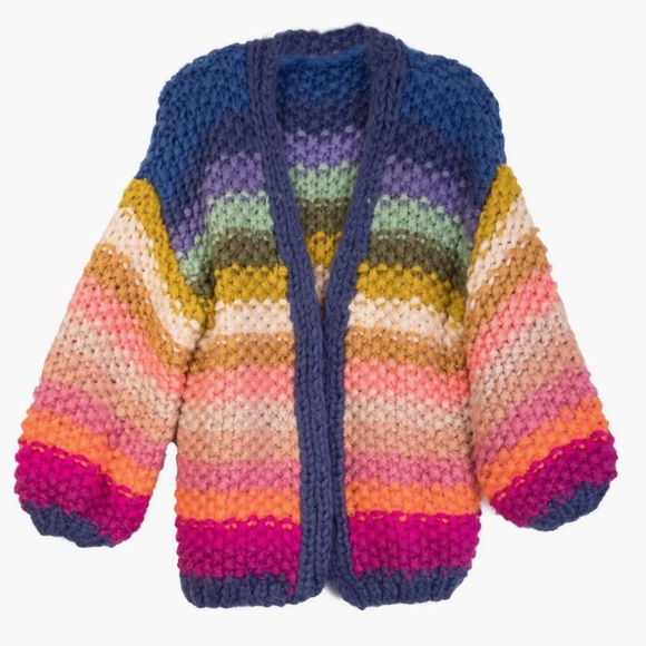 SAACHI Sweaters - SAACHI Multicolor Chunky Knit Striped Cardigan - Blue, Pink, Yellow